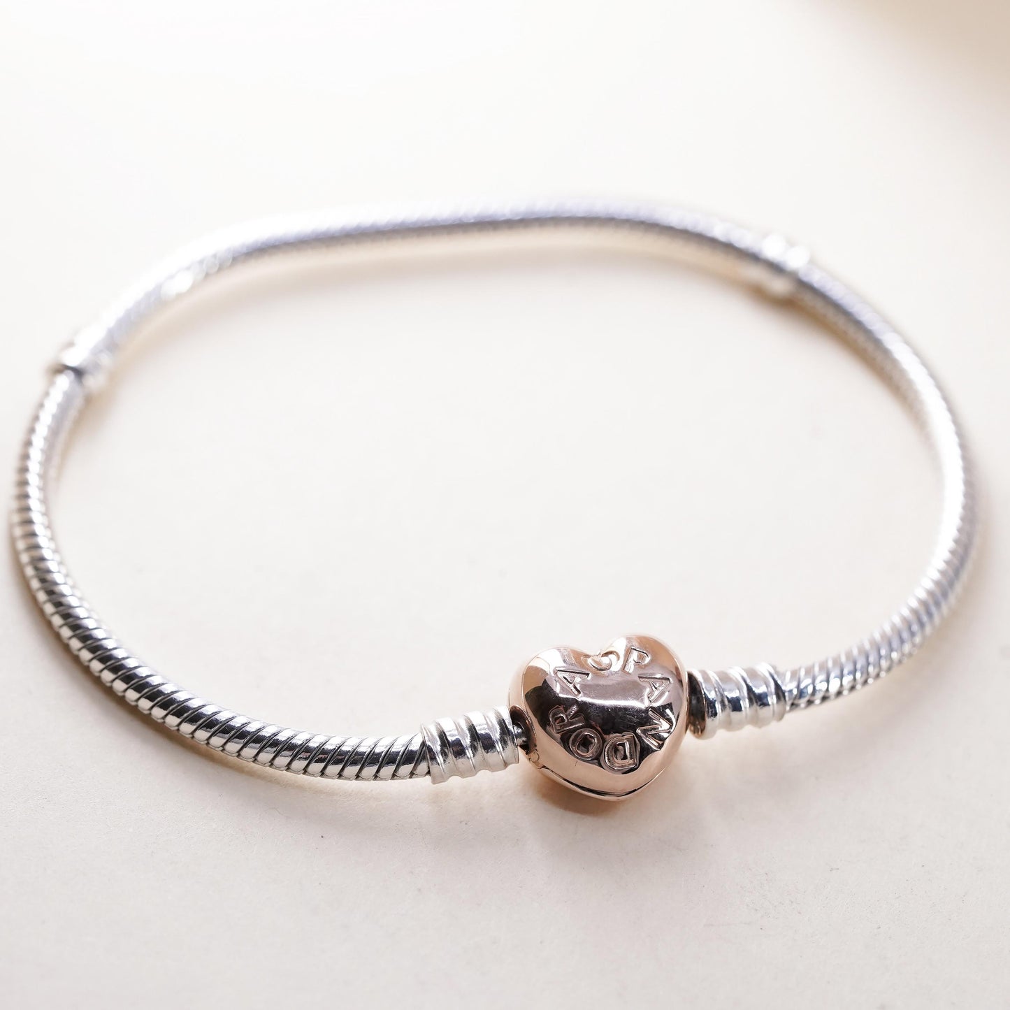 6.75” Pandora two tone sterling silver bracelet, 925 snake rose gold heart