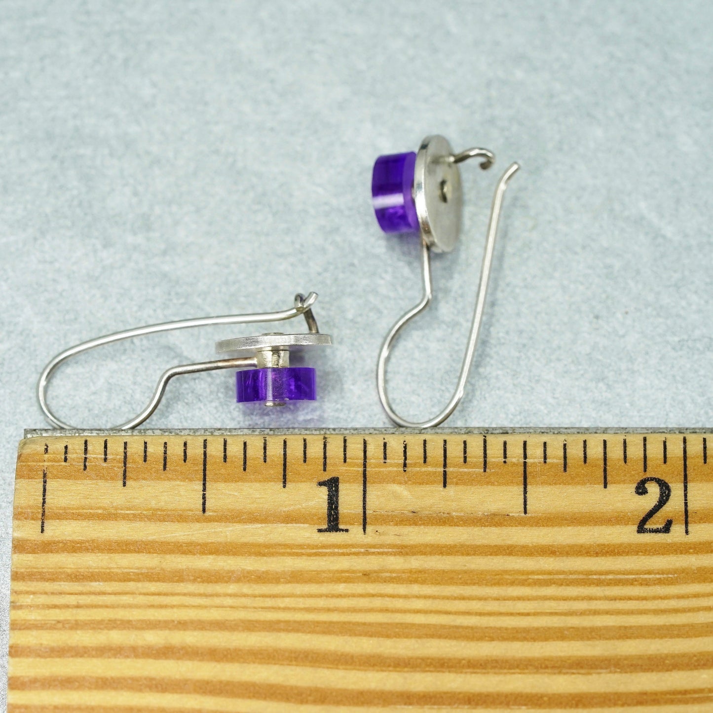 Vintage Sterling 925 silver handmade circle earrings with purple glass dangles