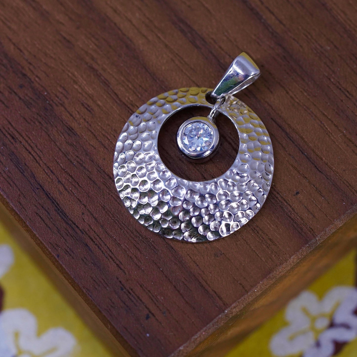 Vintage Sterling silver handmade pendant, 925 hammered circle charm with cz
