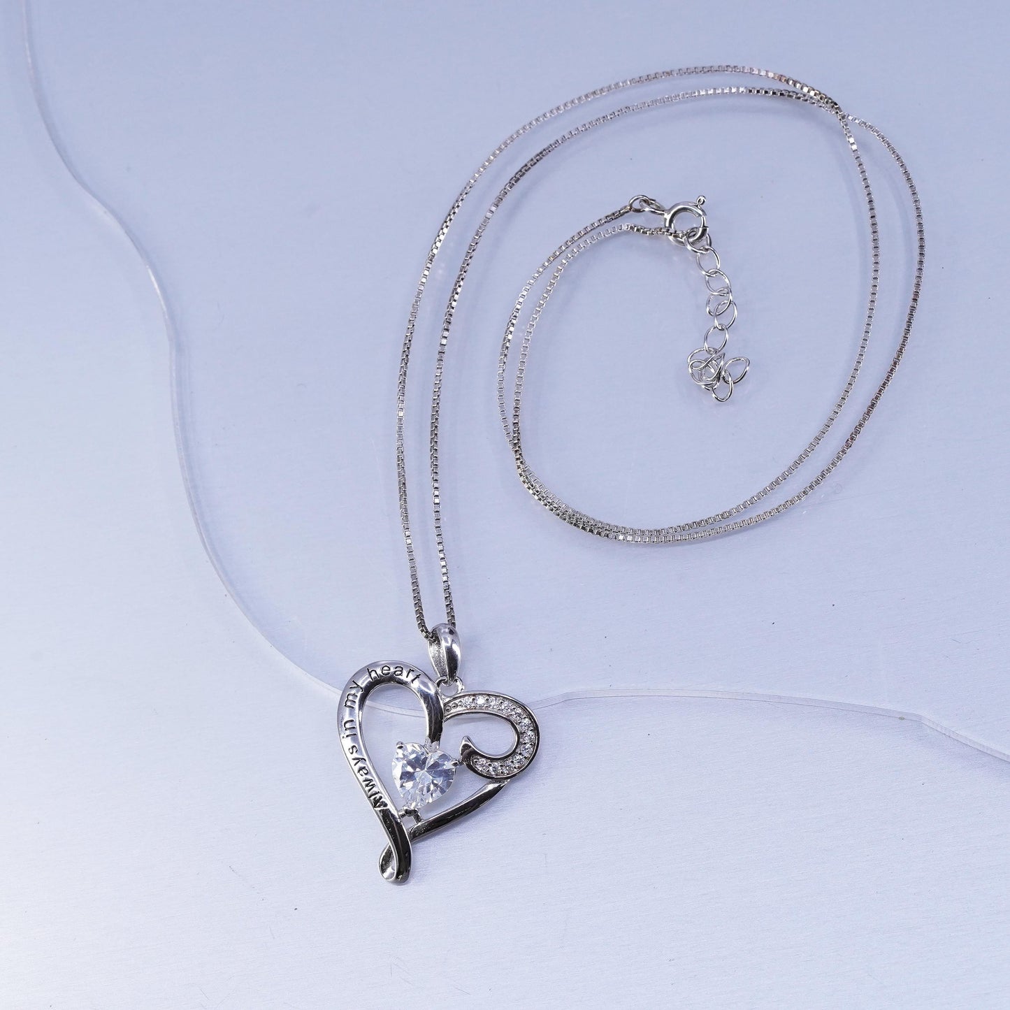 18+1”, Sterling 925 silver box necklace cz heart pendant “always in my heart”