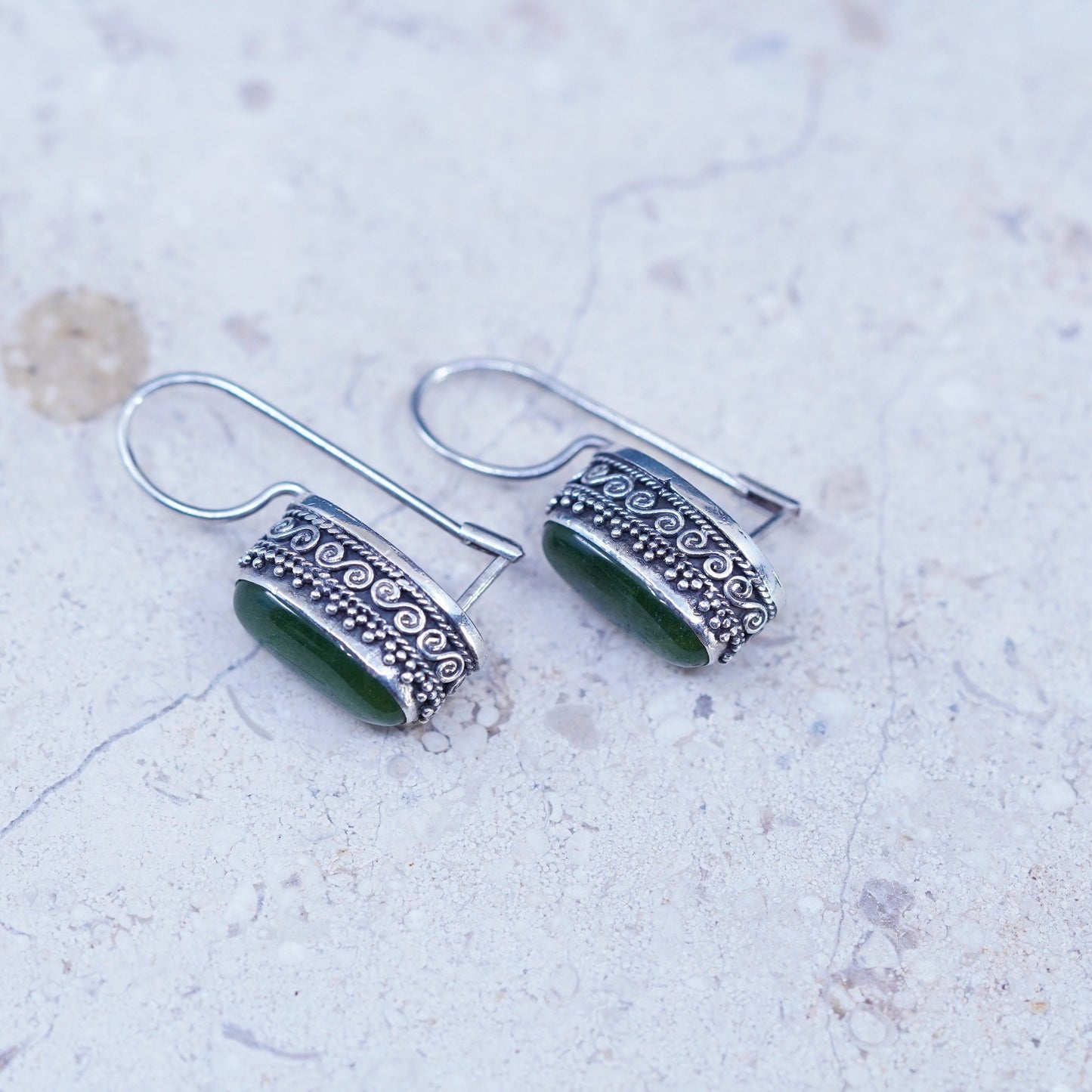 Vintage Sterling 925 silver handmade bali earrings with oval jade