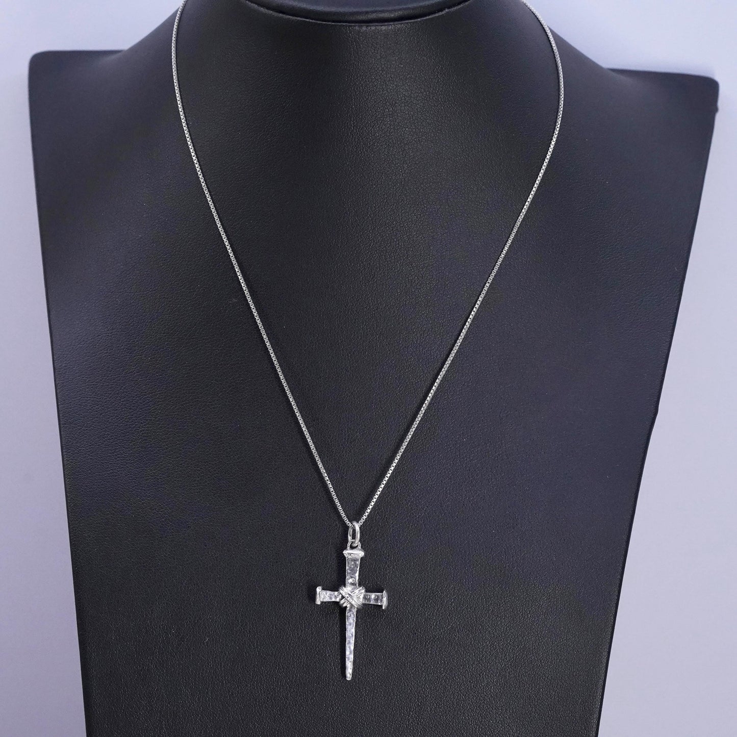 16”, VTG LIRM Sterling silver necklace, 925 box chain textured cross pendant