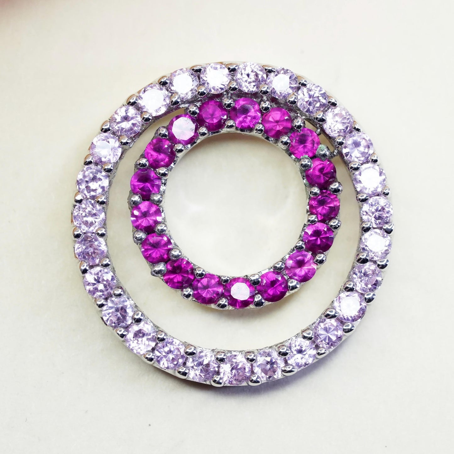 Vintage sterling silver Pendant, 925 double circle with ruby and pink crystal