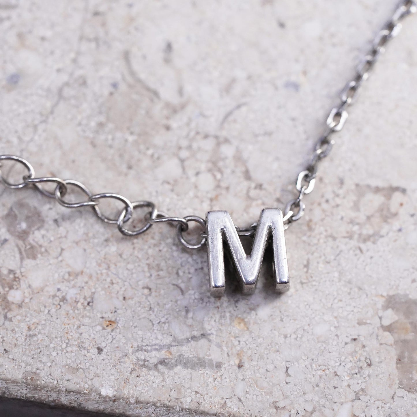 16+2", 1mm, vintage Sterling silver necklace, 925 circle chain w/ tag letter M