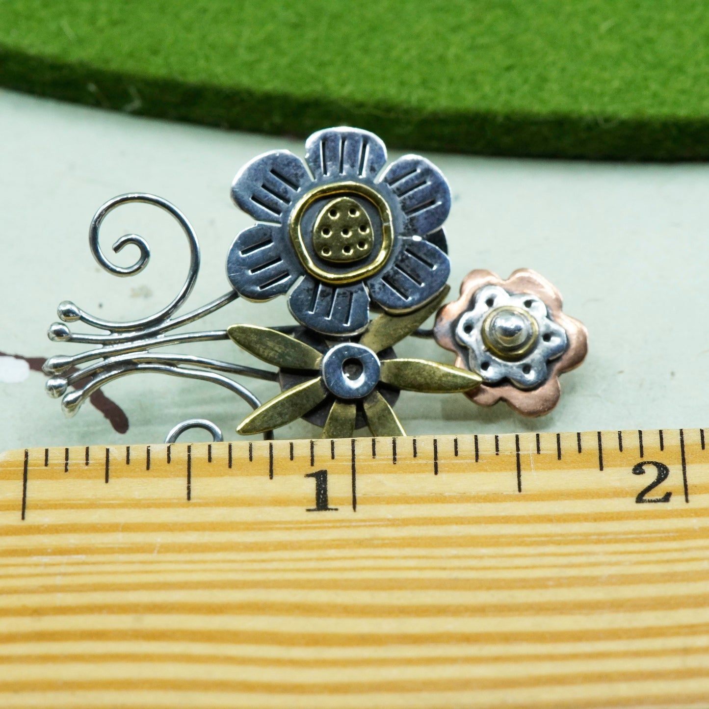 triple tone Sterling silver handmade brooch, 925 flower pin with brass brass