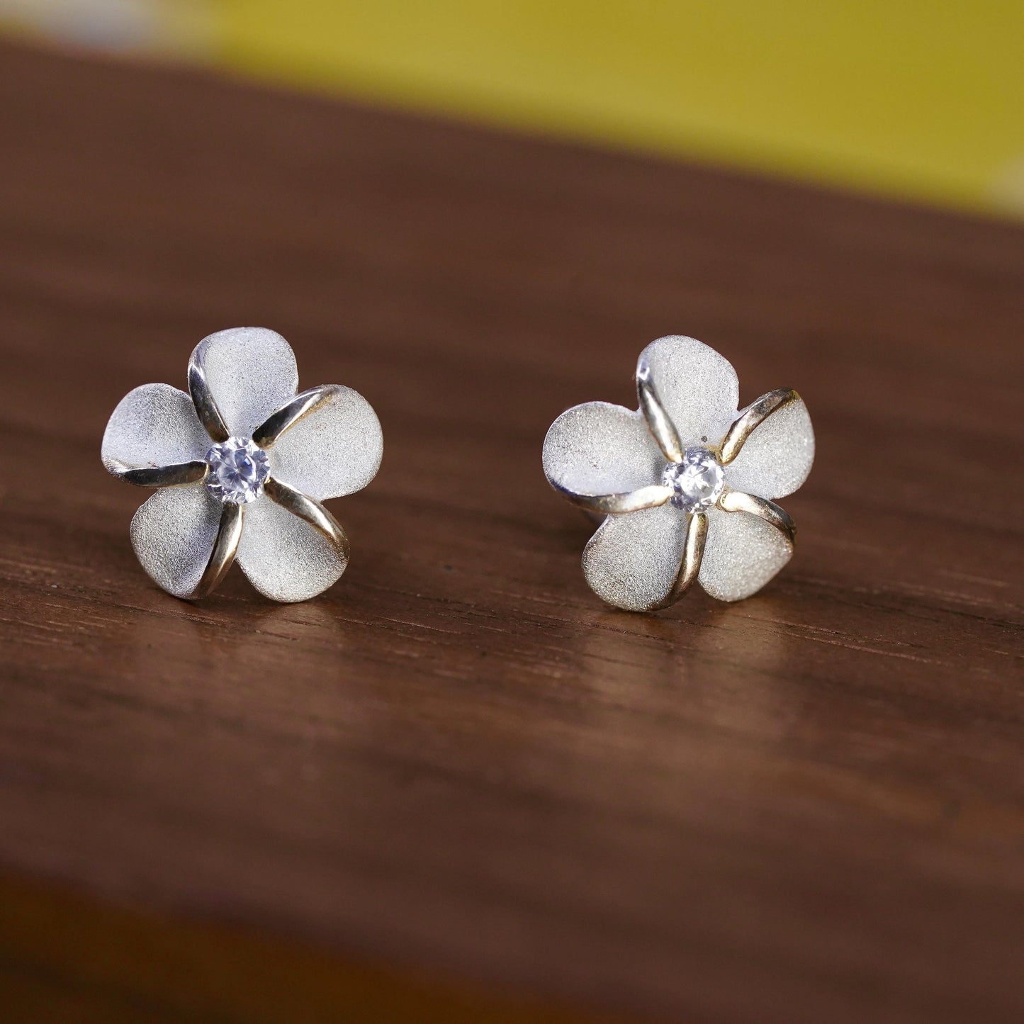 Vintage Sterling silver handmade earrings, 925 plumeria flower studs with cz