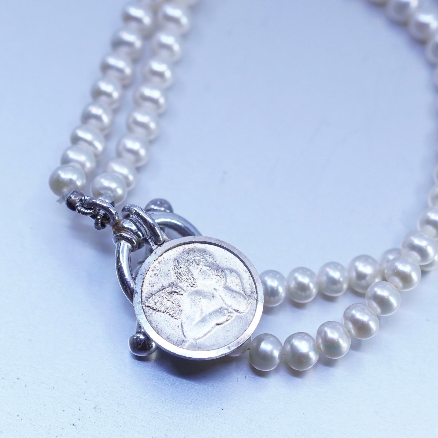 7.25”, RM Sterling 925 silver bracelet freshwater pearl beads and Angel tag