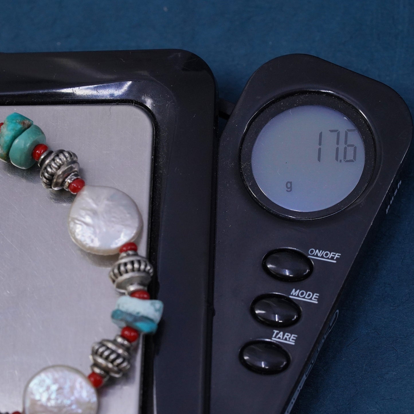 7.5”, sterling silver bracelet, Native American navajo turquoise and coin pearl