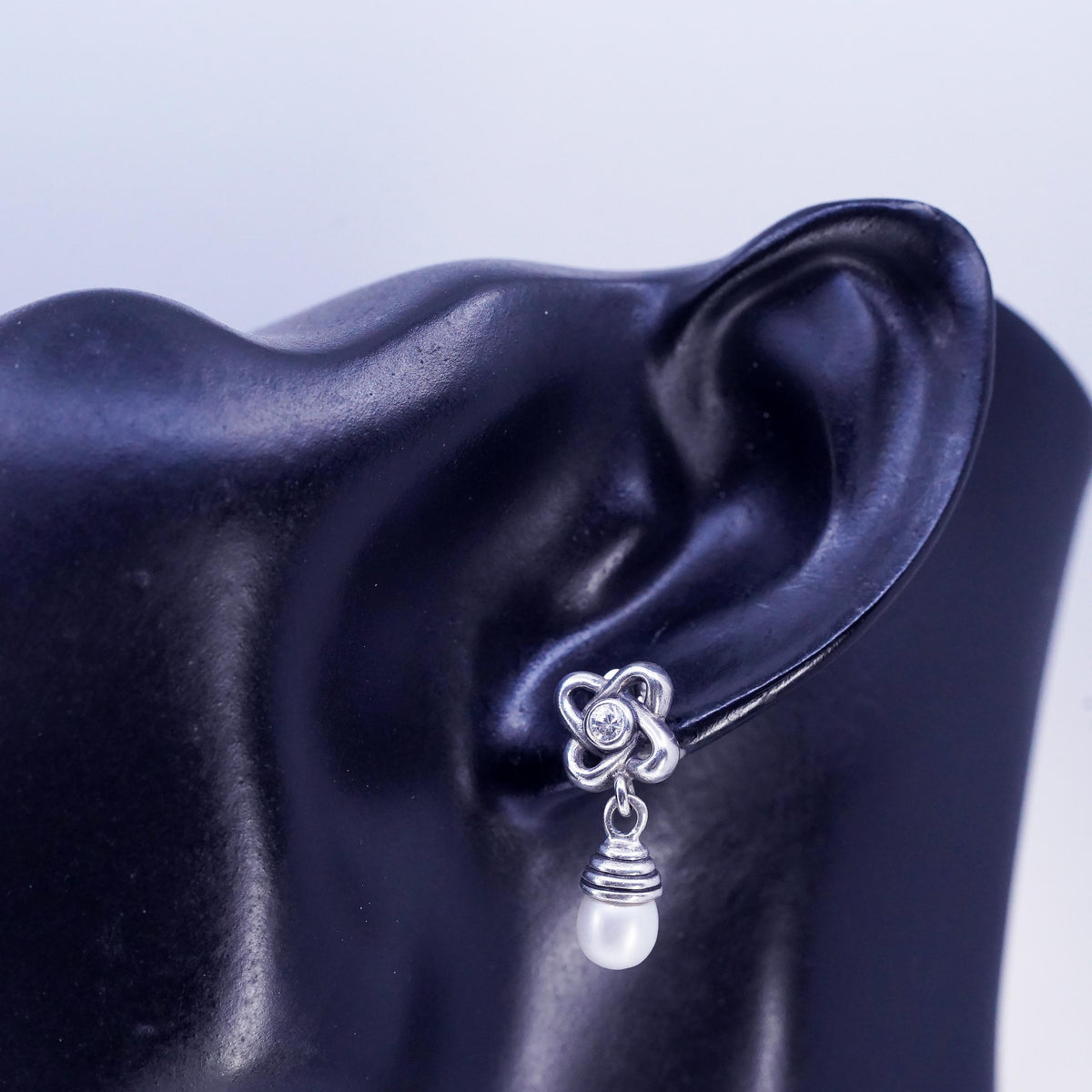 Vintage Sterling 925 silver handmade teardrop earrings with pearl and CZ