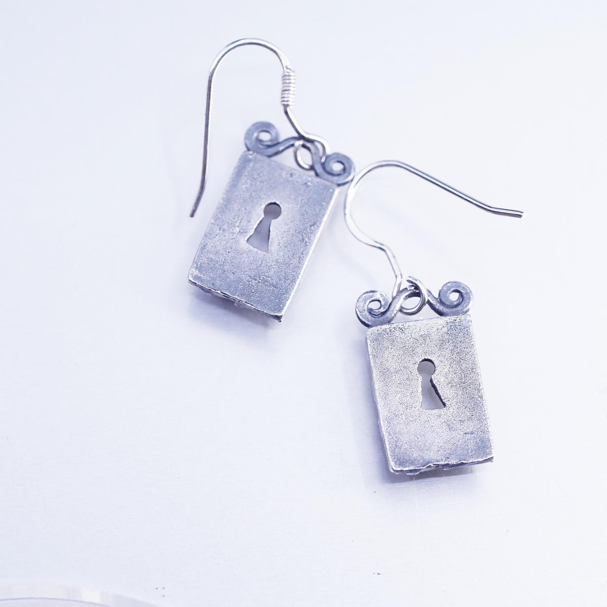 Vintage Mexican Sterling 925 silver handmade tag earrings with key cutout