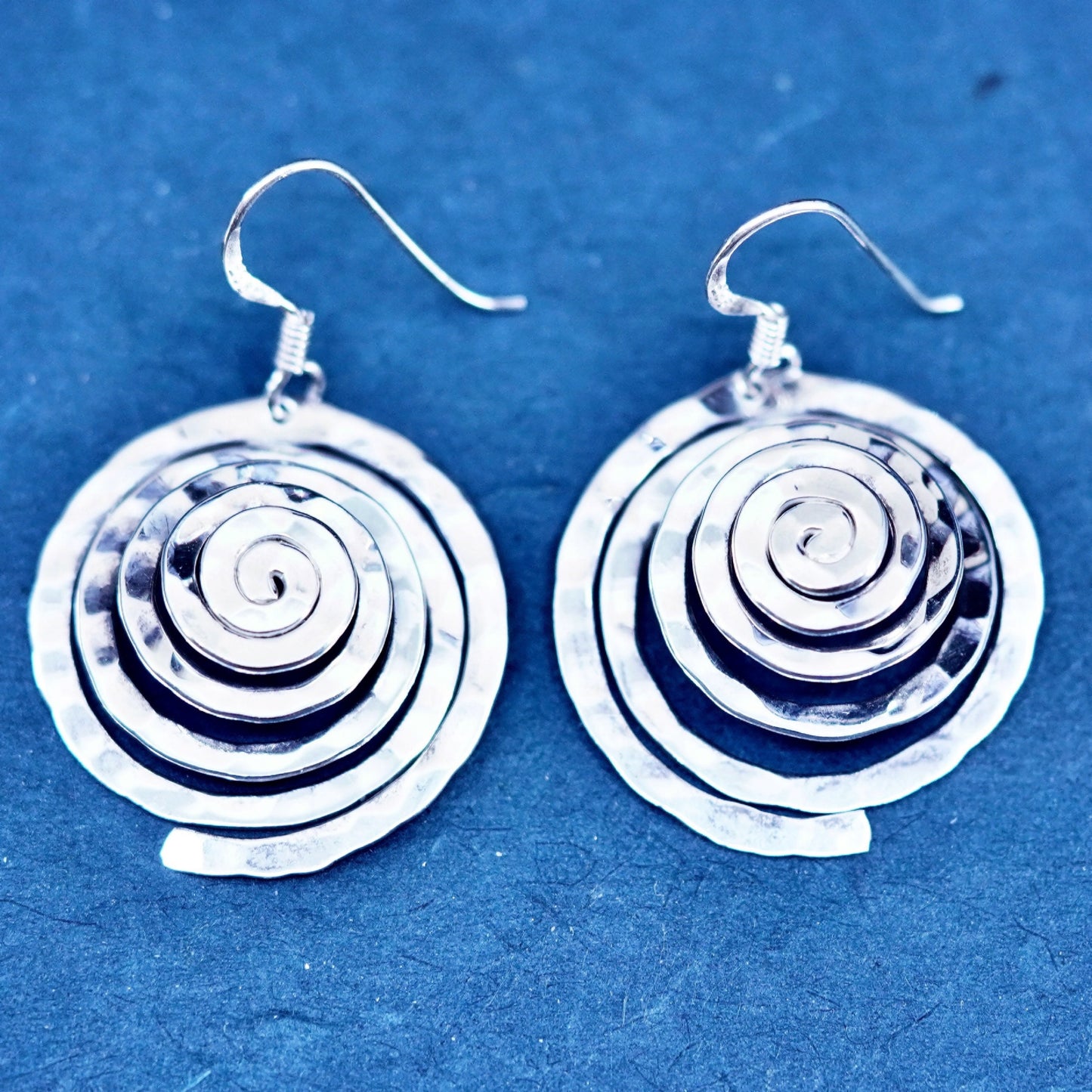 Vintage Sterling Silver handmade Earrings. Hammered 925 swirl dangles