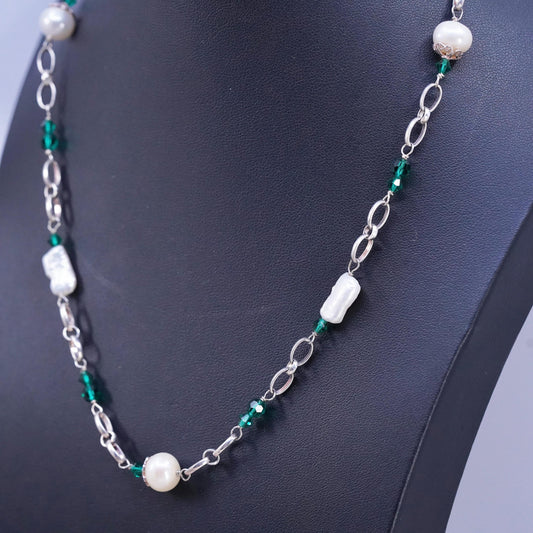 20" Sterling 925 silver necklace with freshwater pearl green crystal beads