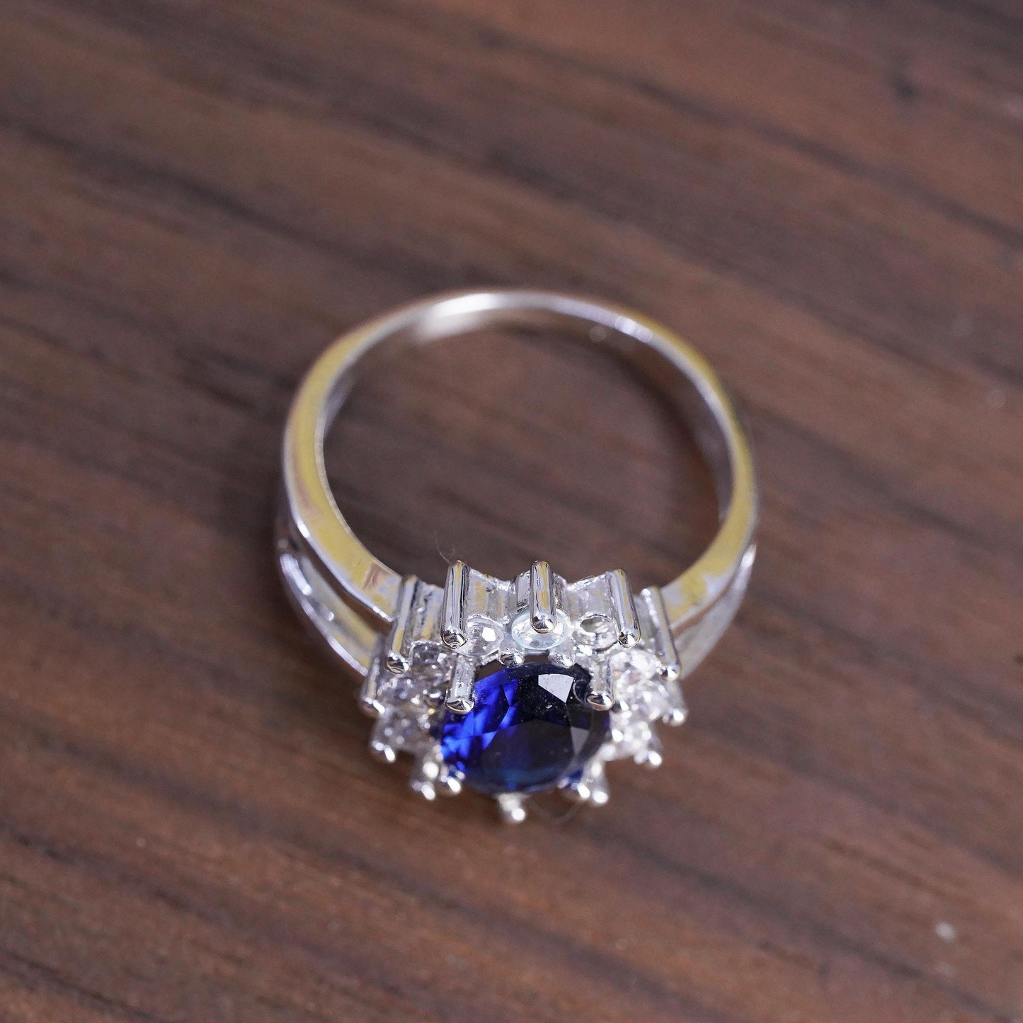 Size 7, Vintage Sterling Silver 925 Blue Sapphire Halo Ring, Oval CZ Cluster