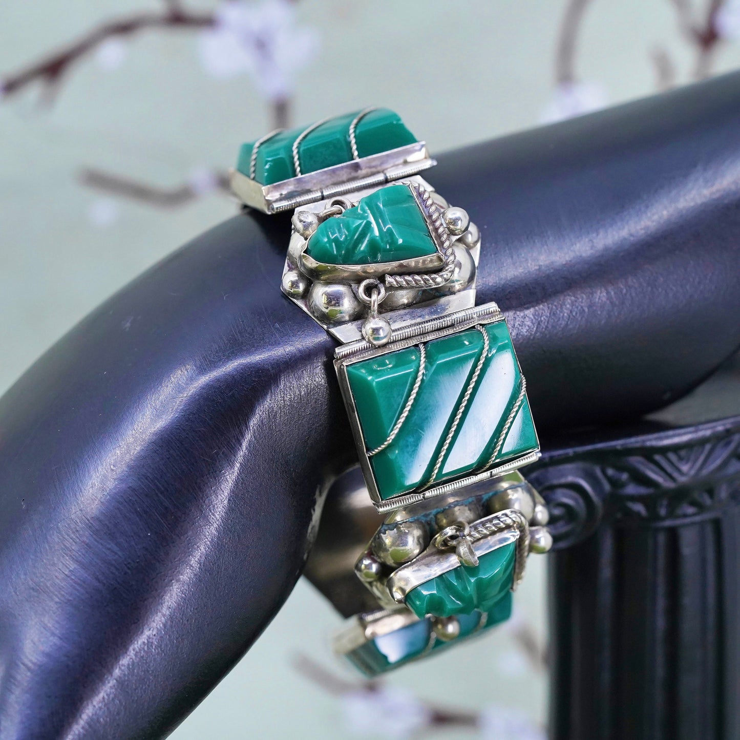6.25", taxco vintage sterling silver bracelet, 925 cuff warrior face jade
