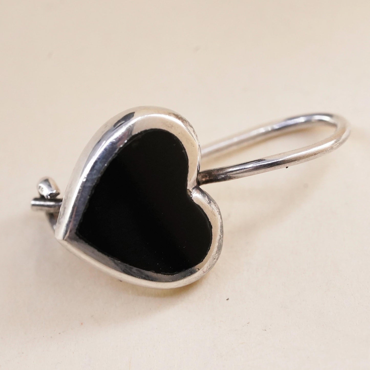 Vintage handmade single earring. Sterling 925 silver heart with onyx inlay