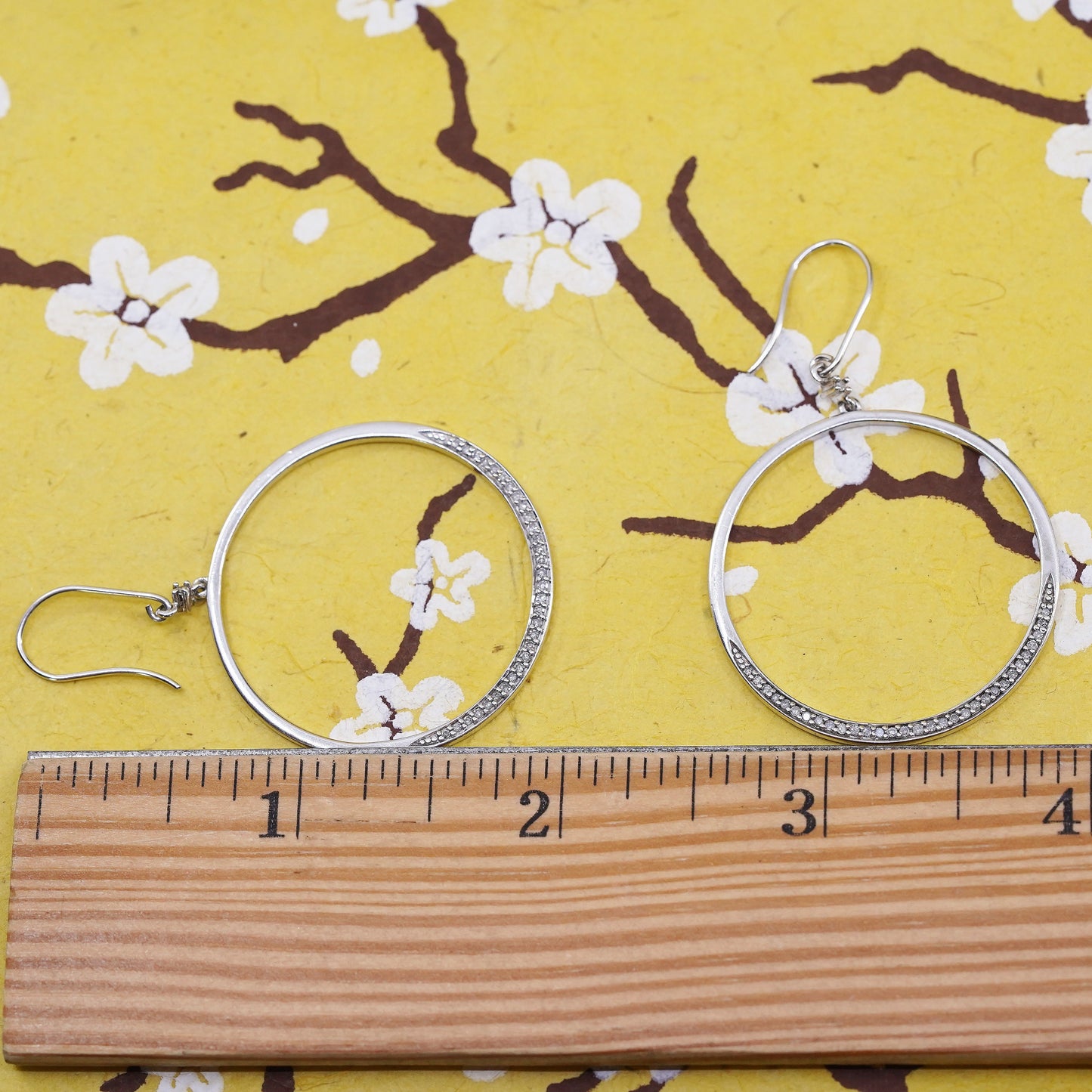 2", vintage Sterling silver handmade earrings, 925 circle hoops with diamonds