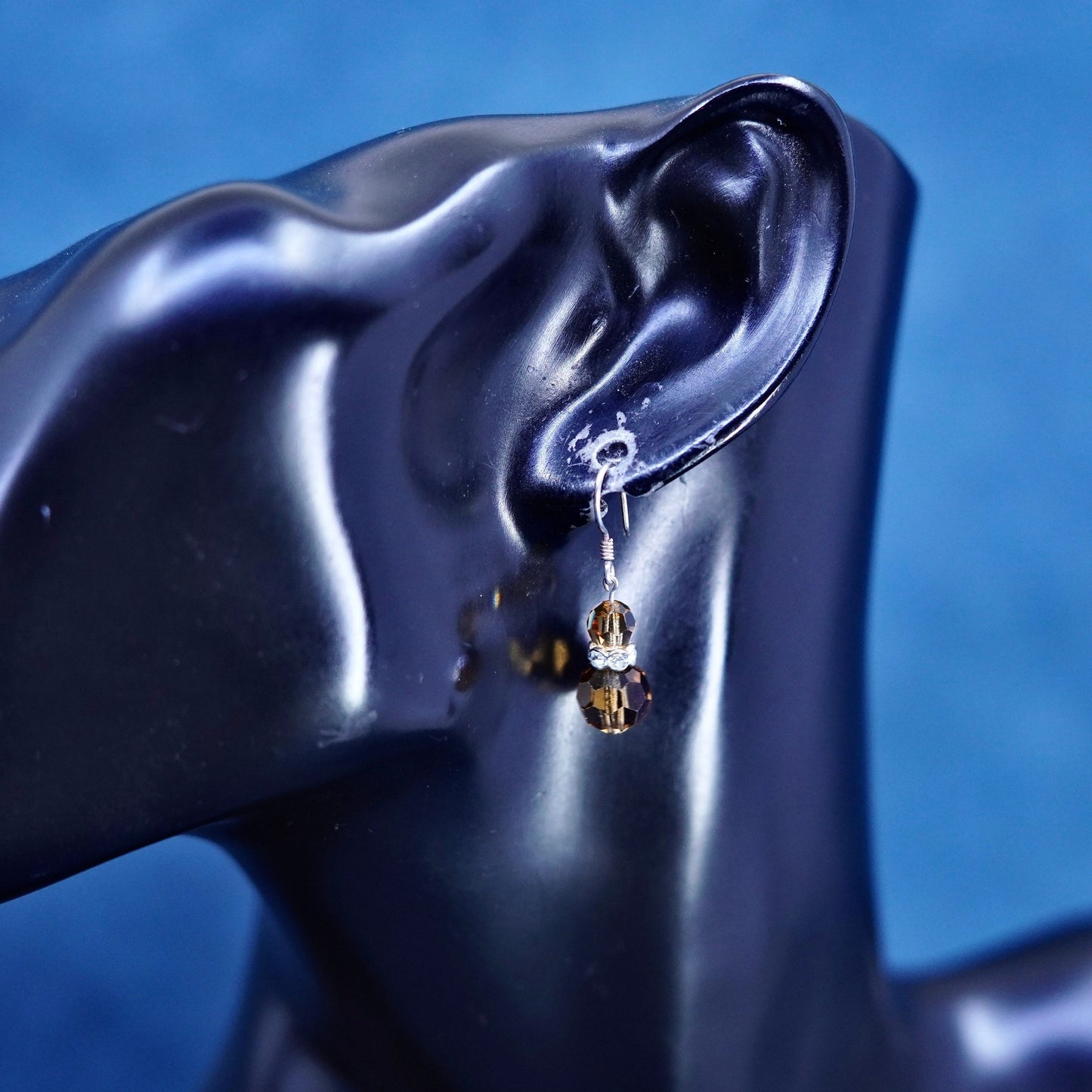 Vintage sterling silver earrings, 925 silver with smoky crystal dangles