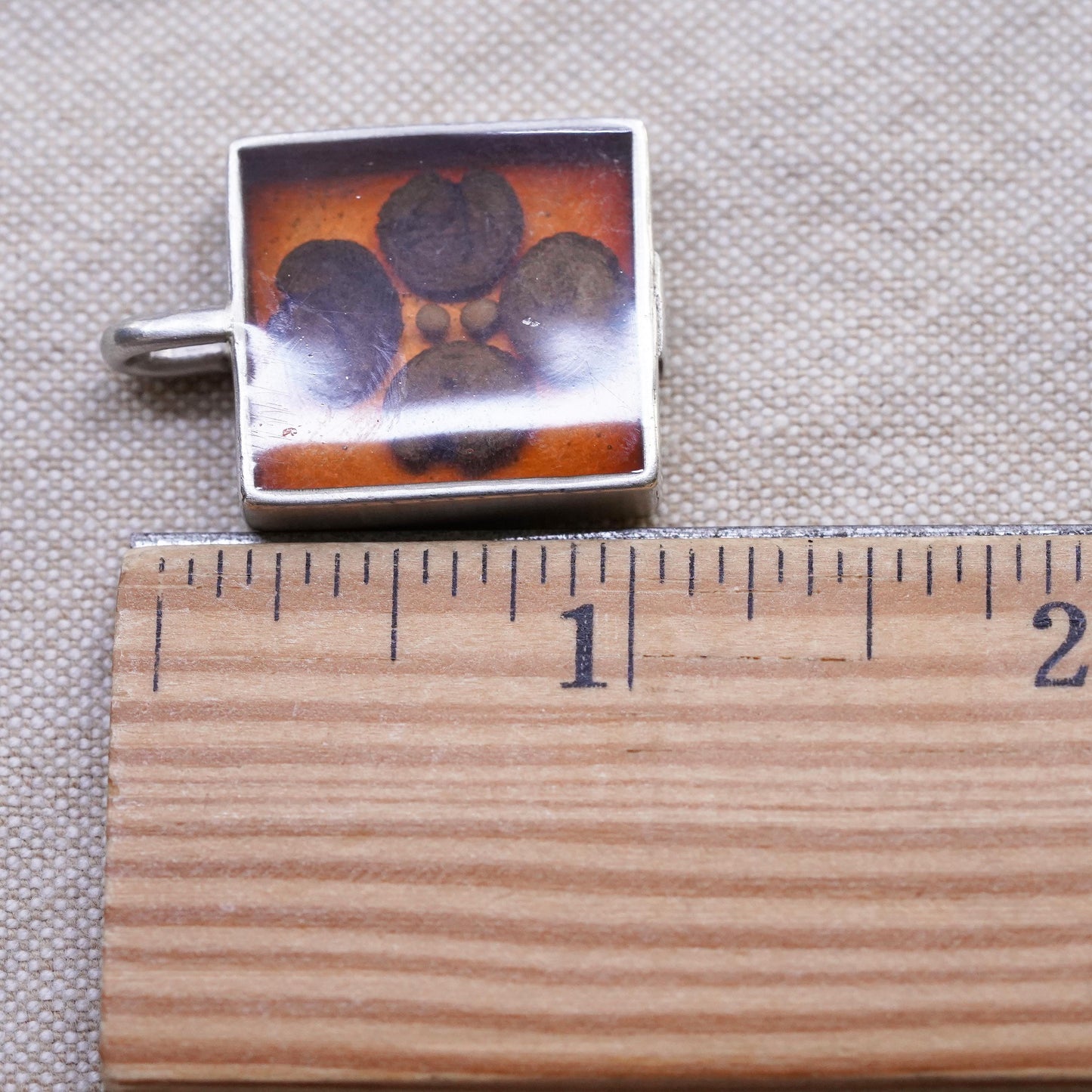 Vintage matte Sterling 925 silver square shaped pendant with resin flower
