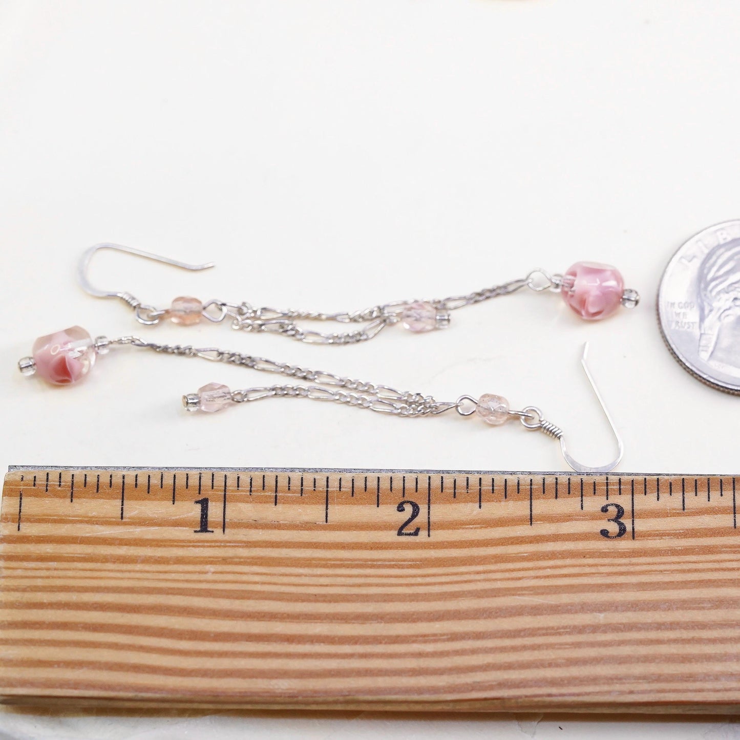 Vintage Sterling silver earrings, 925 figaro chain pink artisan glass drops