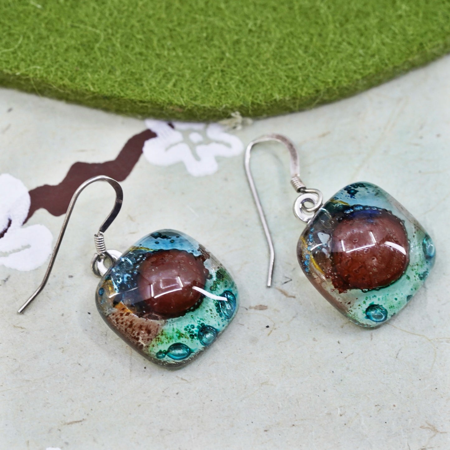 Vintage Sterling 925 silver handmade earrings square foiled artisan glass drops