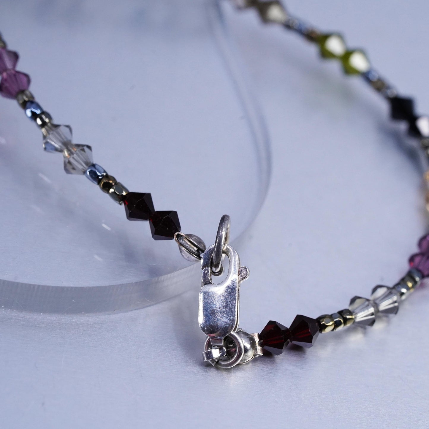 16”, Sterling 925 silver necklace crystal beads teardrop smoky quartz pendant