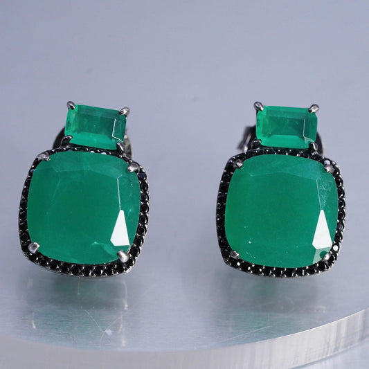 Vintage Oxidized 925 Sterling Silver Green Onyx Stud Earrings Black Spinel Halo
