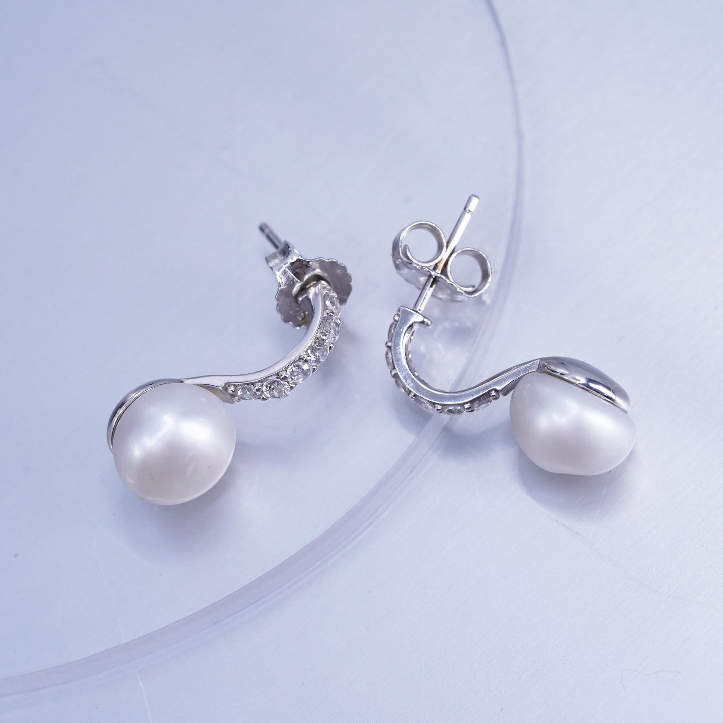 Vintage Sterling 925 silver handmade earrings, studs with 10mm pearl and cz