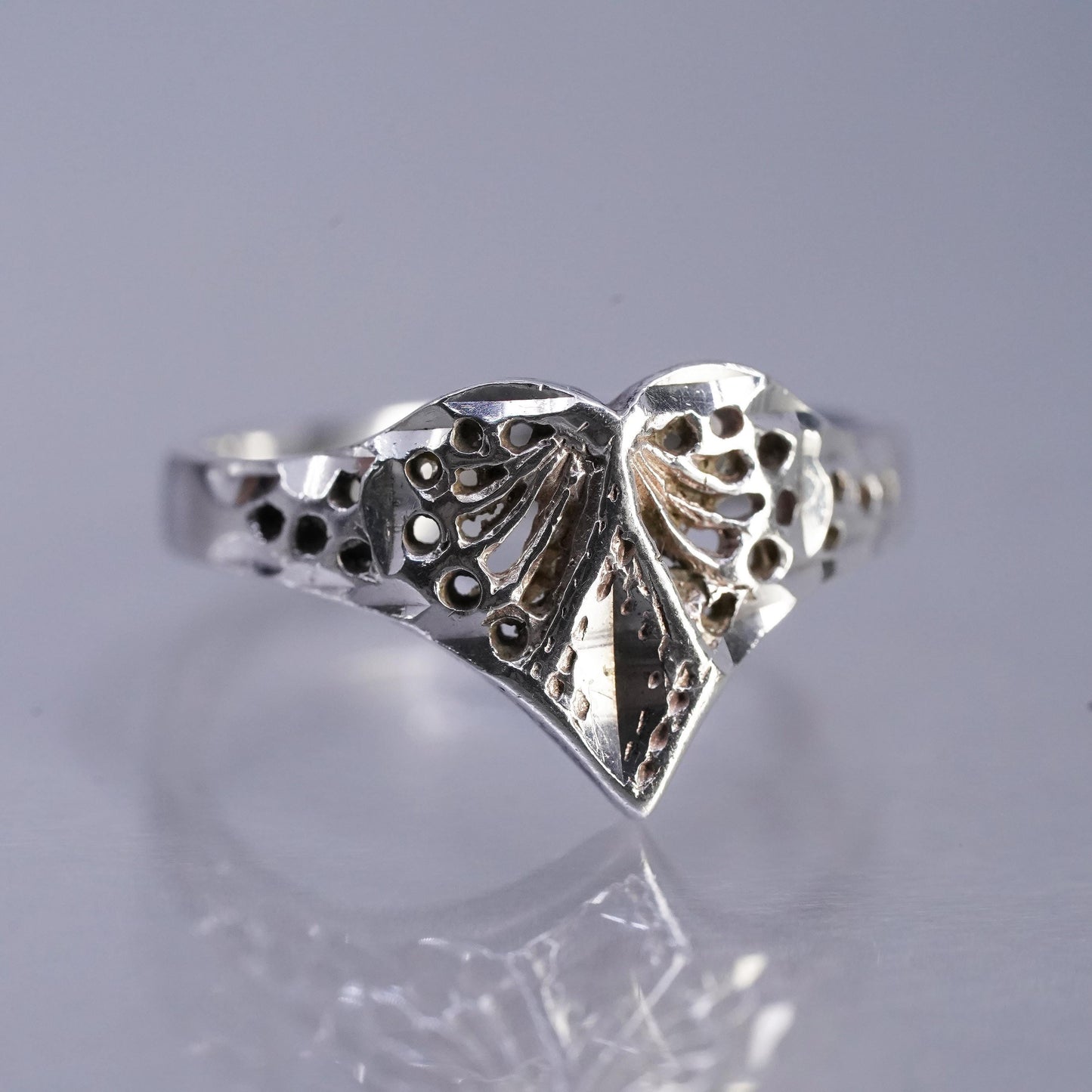 Size 6, Vintage Sterling Silver Handmade Ring, 925 Silver Filigree heart band