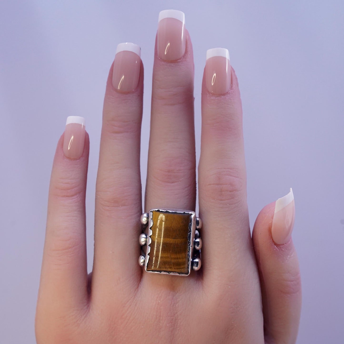 Size 7.75, vintage Sterling 925 silver handmade ring golden tiger eye and beads