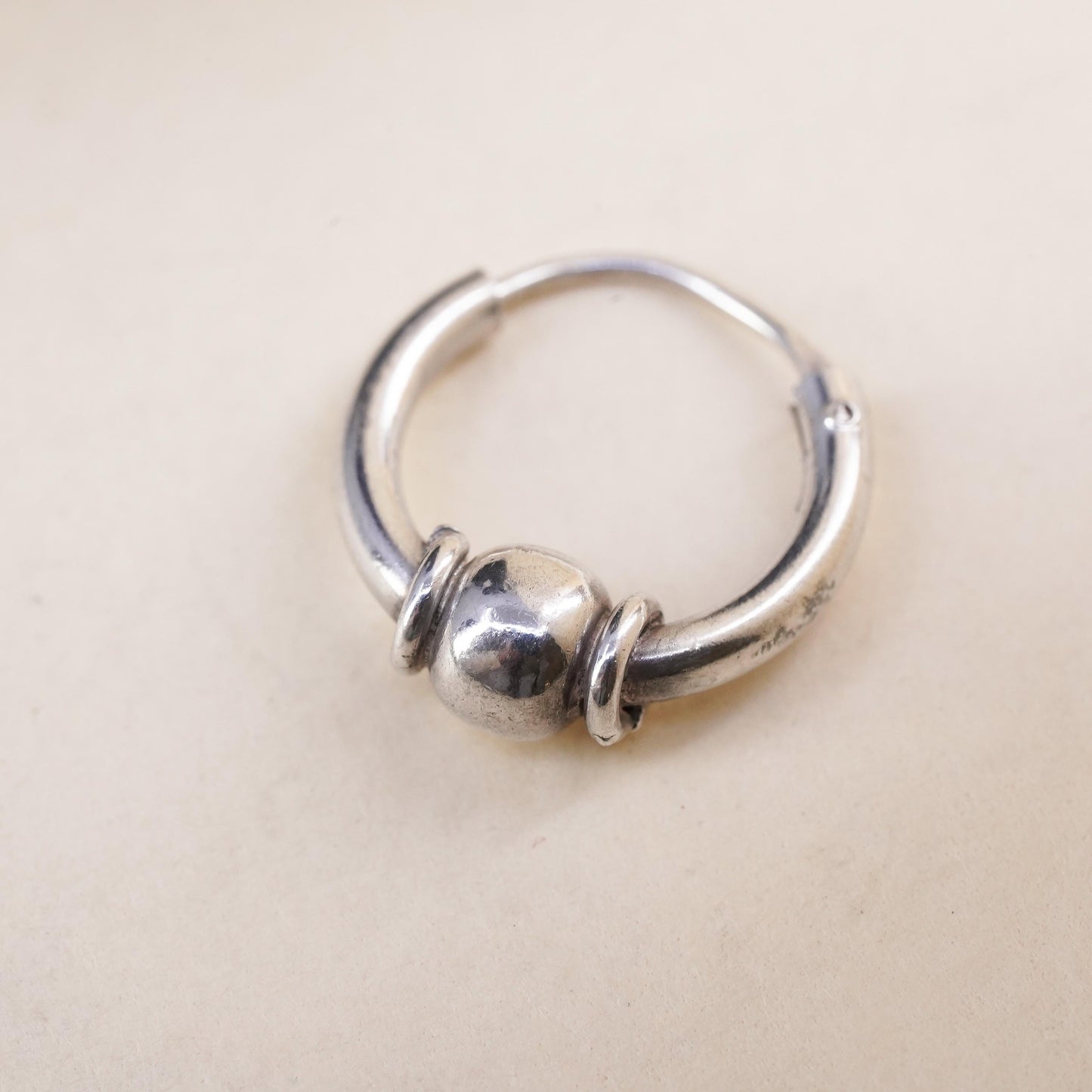 0.5”, Vintage sterling silver single earring, 925 huggie hoop with beads