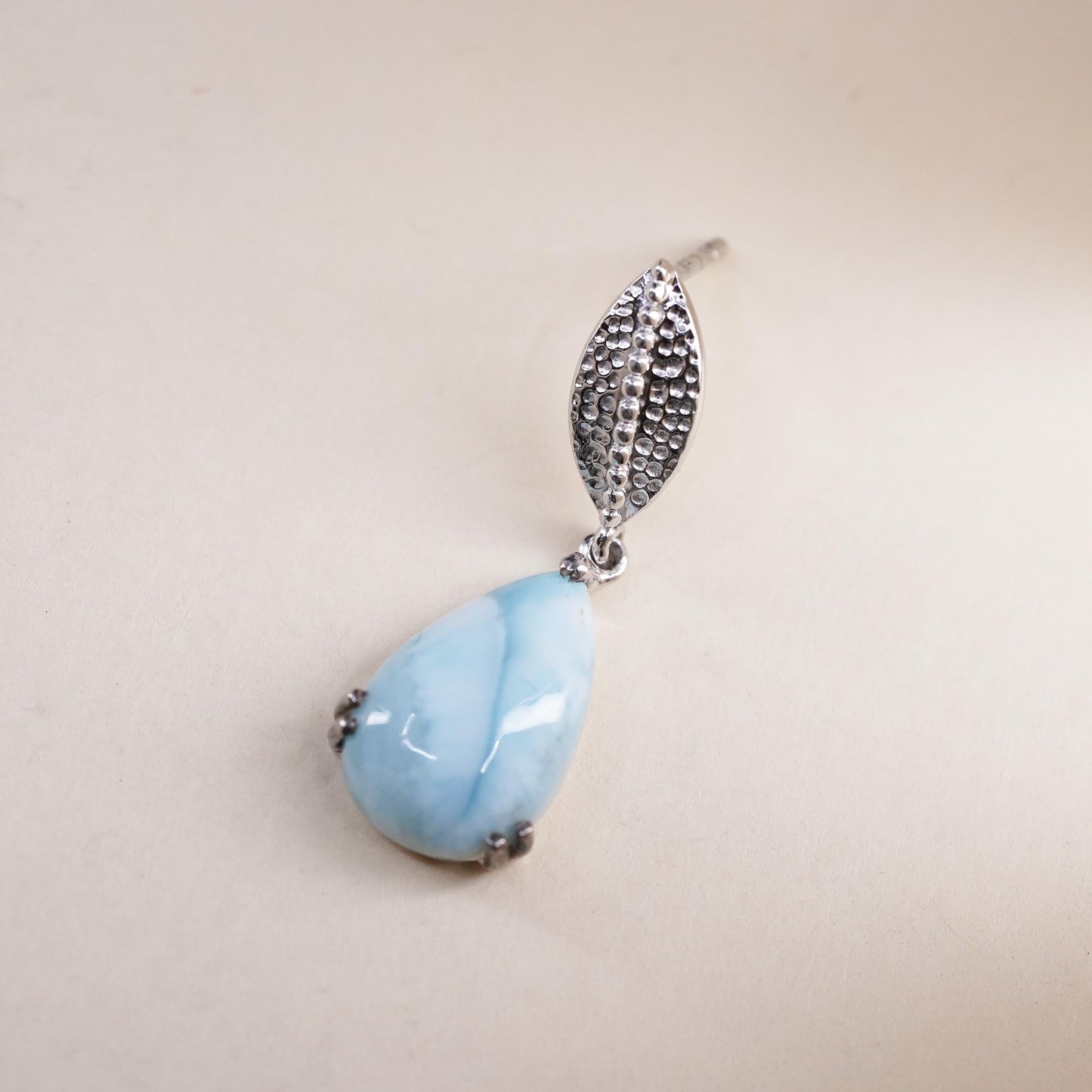 Vintage handmade single earring. Sterling 925 silver teardrop dangle larimar