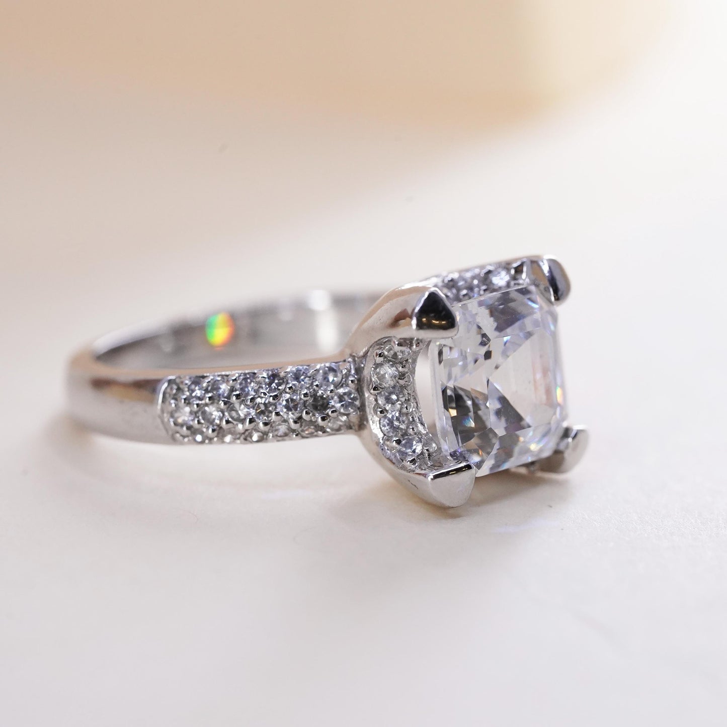 Size 7, Sterling silver ring, 925 silver round cut crystal and CZ cluster ring