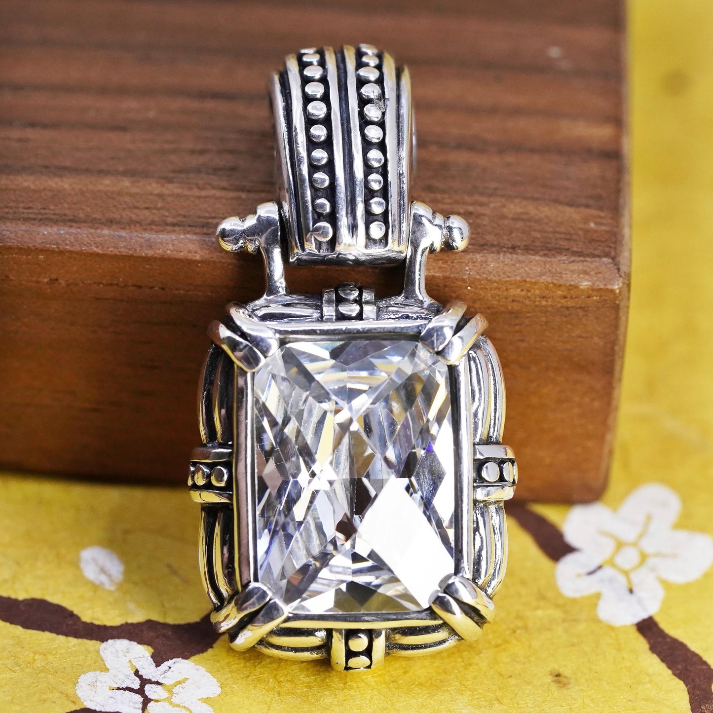 Vintage Sterling 925 silver handmade bead textured pendant with cz