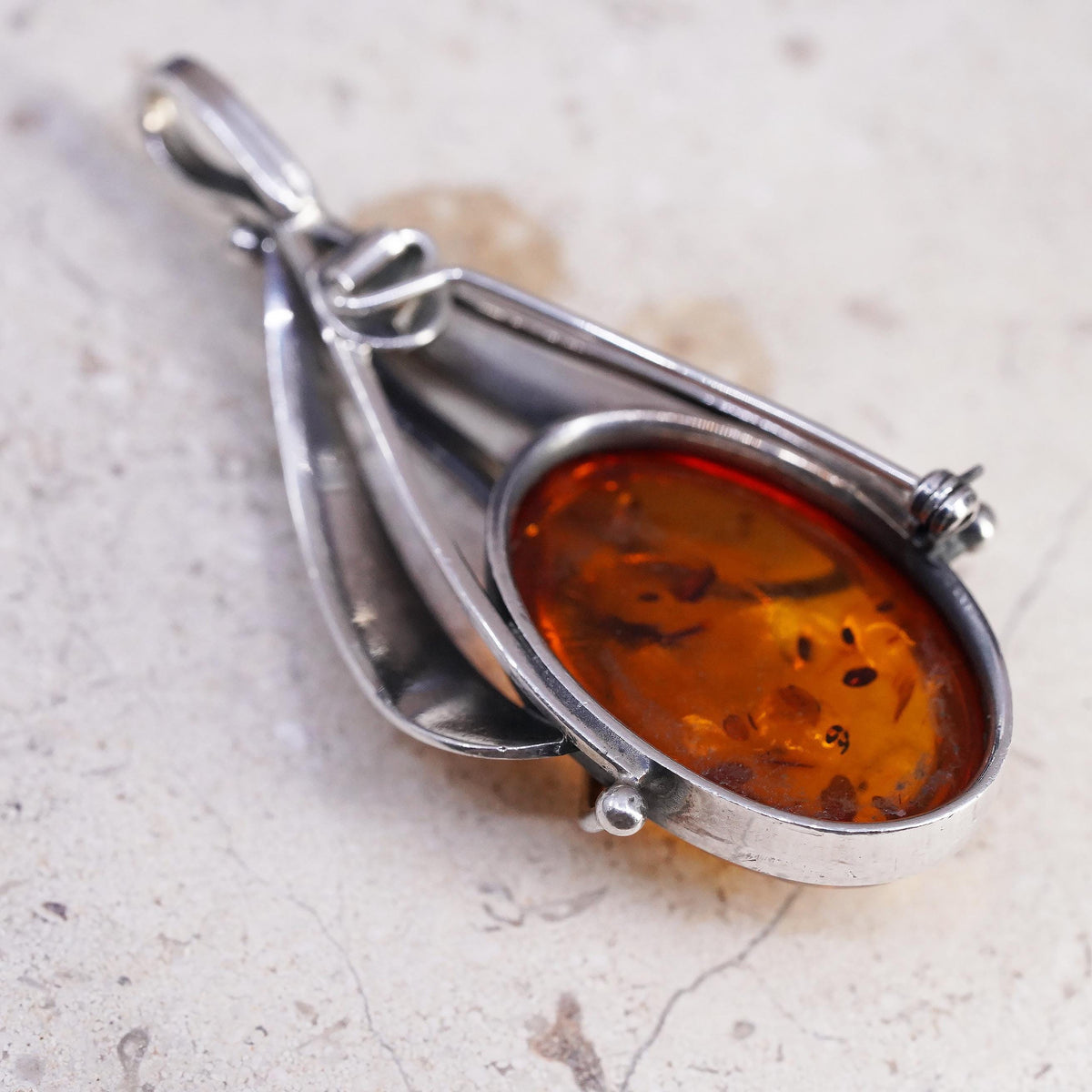 Vintage southwestern sterling silver handmade teardrop pendant 925 amber brooch