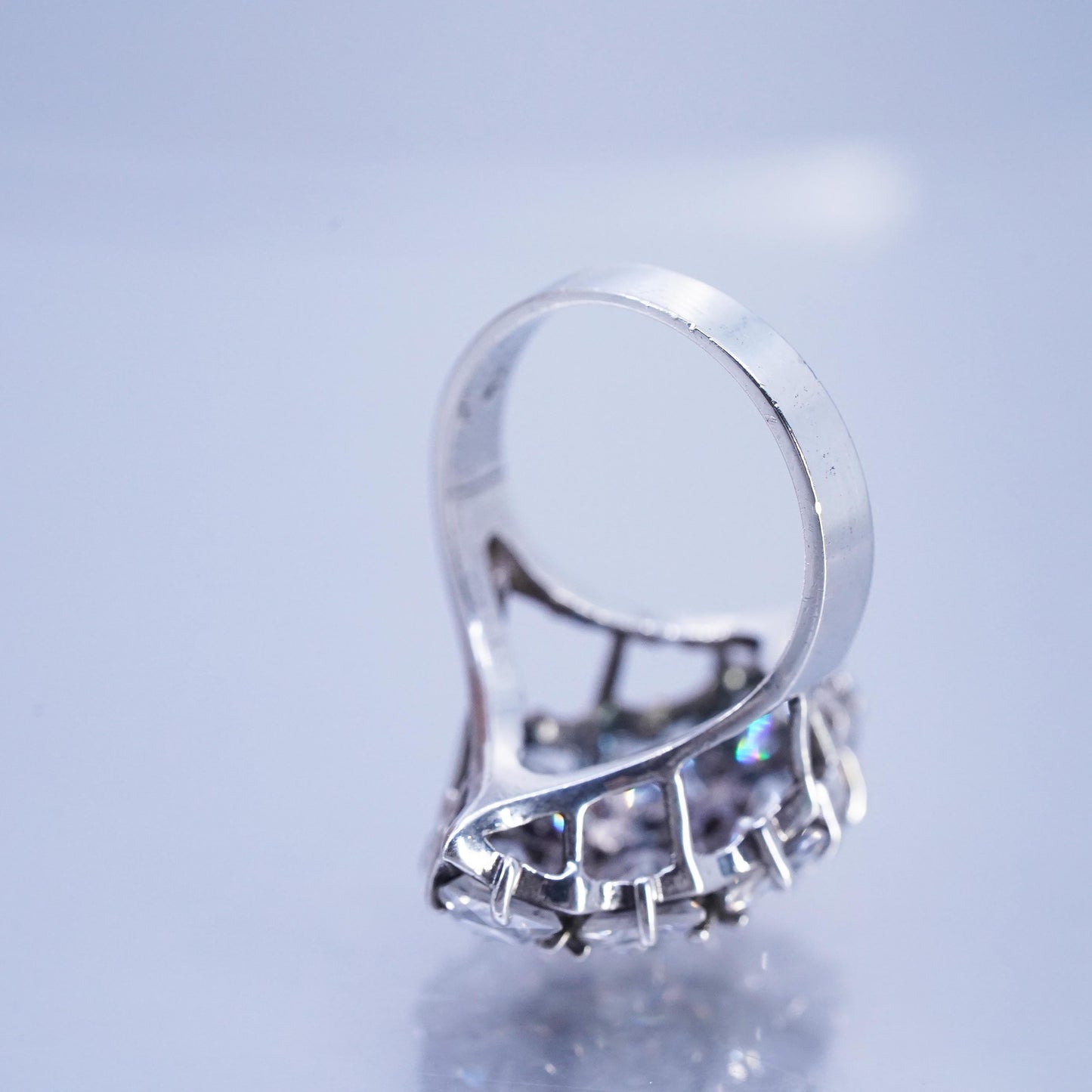 Size 7.5, vintage Sterling 925 silver handmade wide band ring with cluster Cz