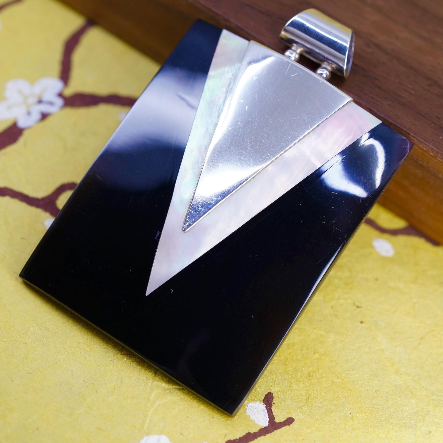 Mexican huge Sterling 925 silver rectangular pendant with onyx mother of pearl
