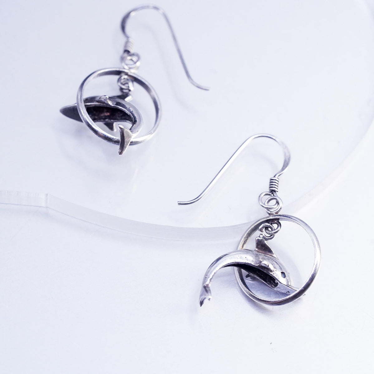 Sterling Silver Dolphin Hoop Earrings, 925 3D Dolphin Dangle, Ocean Marine