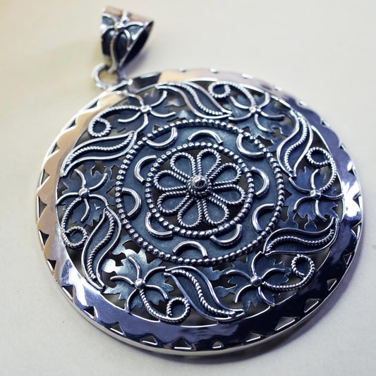 vintage sterling silver handmade huge pendant, 925 filigree floral circle