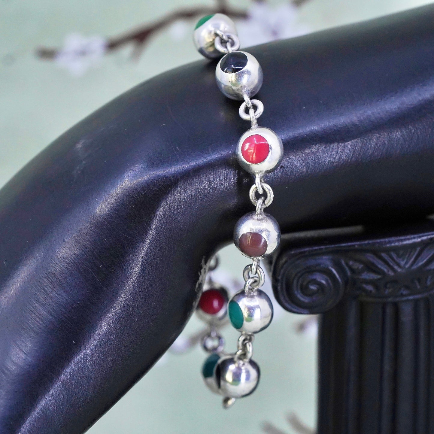 6.75", Vintage Sterling 925 silver handmade beads bracelet with rainbow enamel