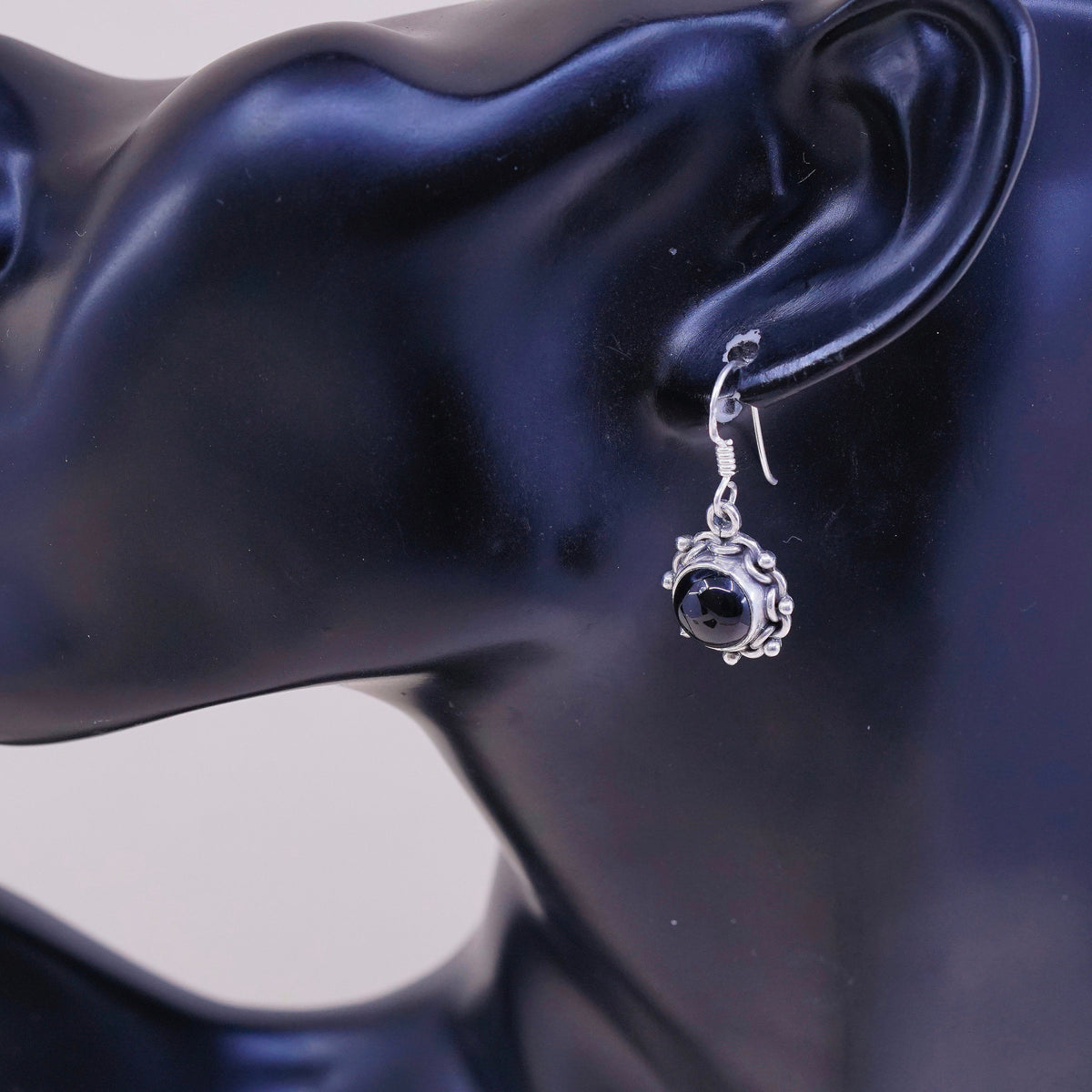 vtg Sterling silver handmade earrings, 925 drops w/ obsidian n beads