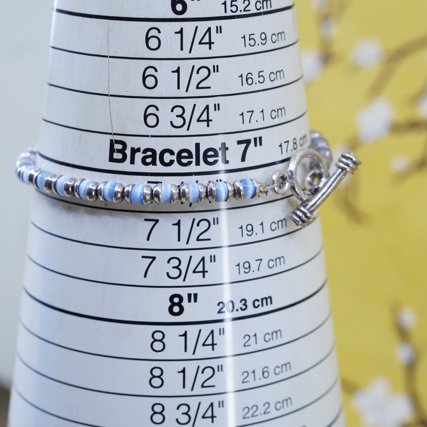 7.25”, vintage Sterling 925 silver beads bracelet with blue cat eye beads