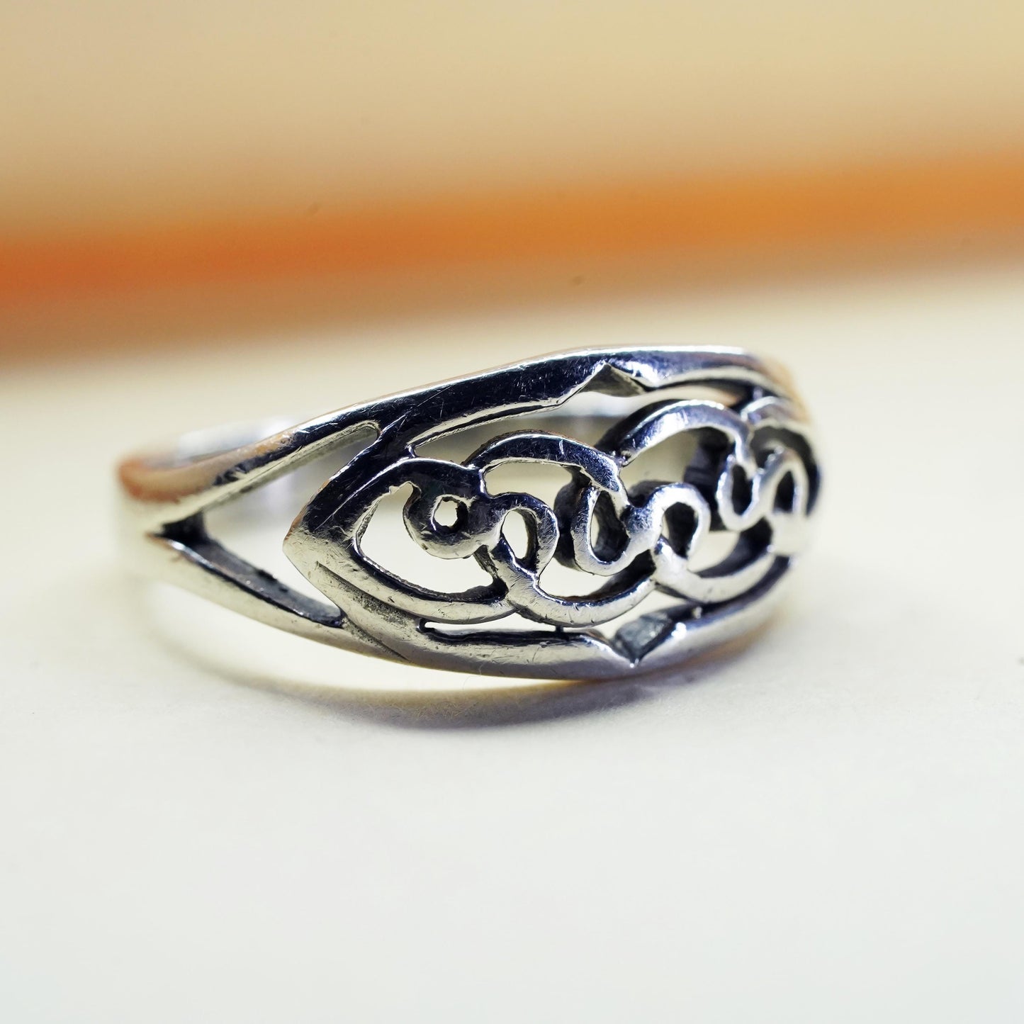 Size 8.75, Vintage sterling silver handmade filigree ring, 925 band