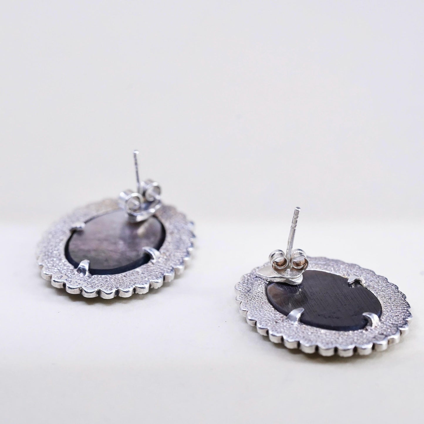 925 Sterling Silver Cameo Earrings, Marcasite Earrings, Mother of Pearl Studs