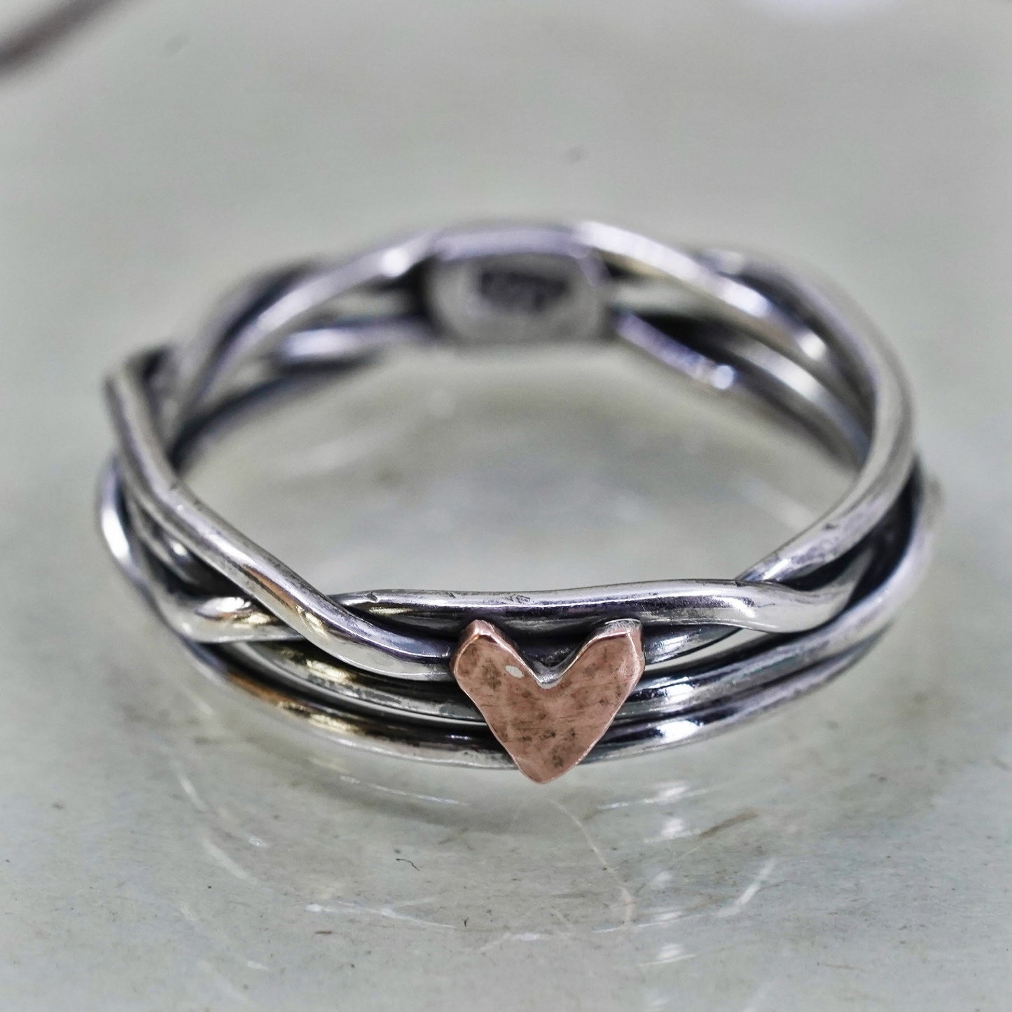 Size 10, two tone sterling silver entwined ring, 925 multiple band copper heart