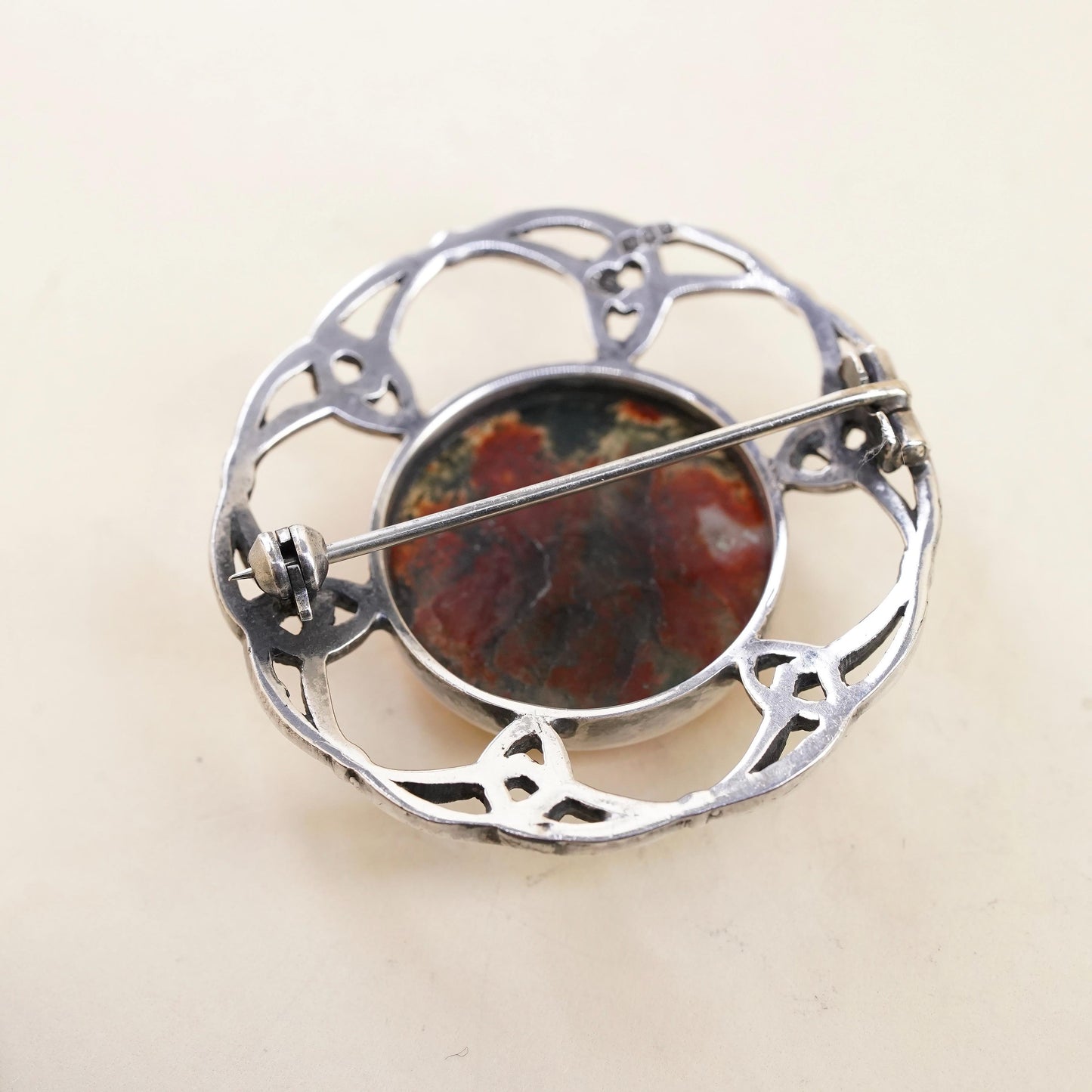 Scottish Sterling Silver Moss Agate Brooch, Celtic Knot Circle Pin, jewelry