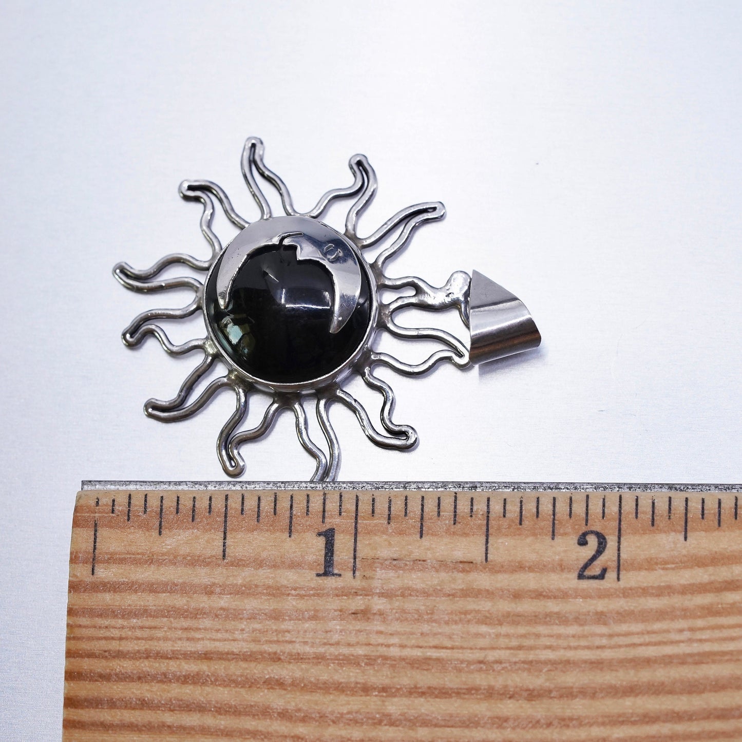 Vintage Sterling silver handmade 925 sun moon face charm pendant with onyx