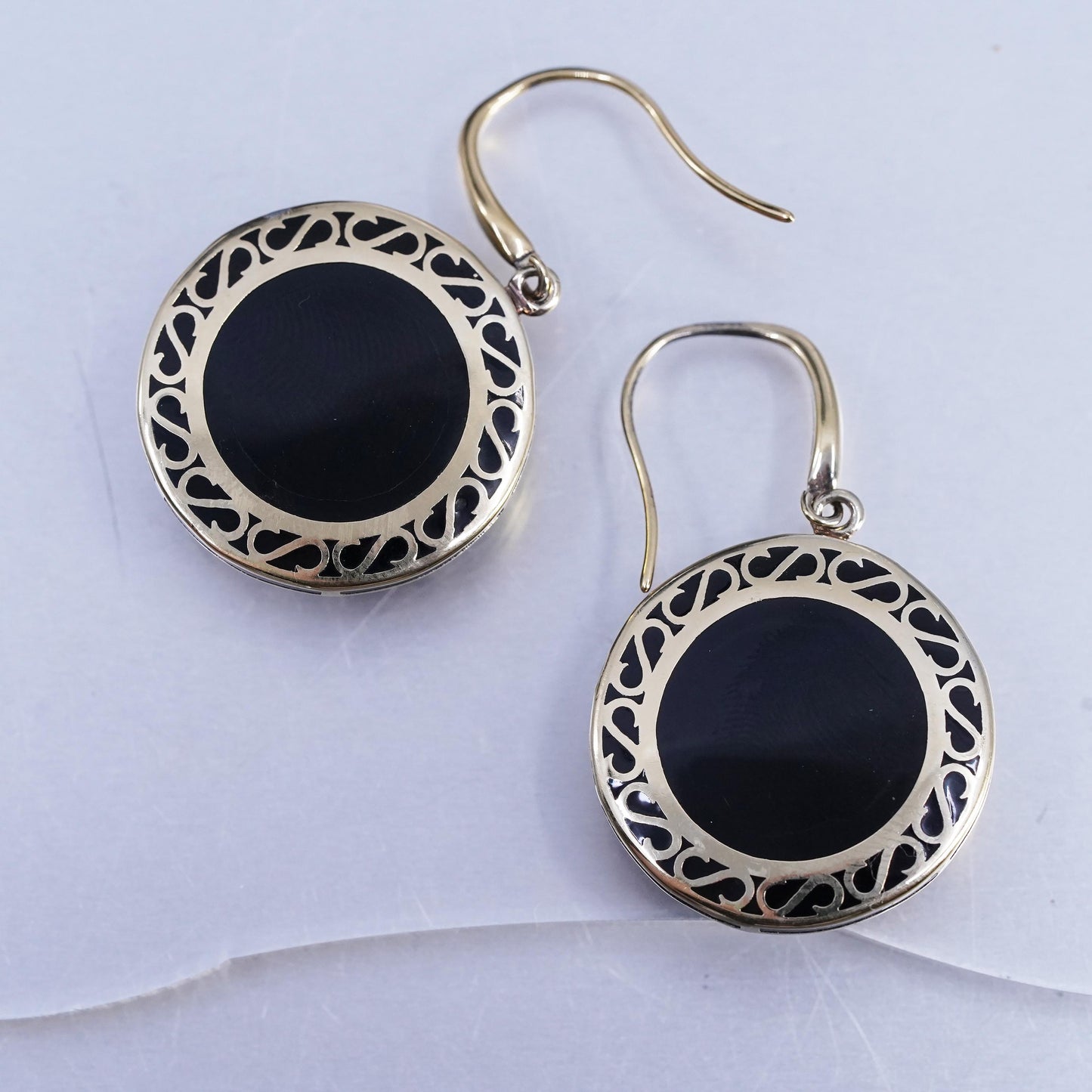 Vintage gold plated Sterling 925 silver circle spiral earrings black enamel