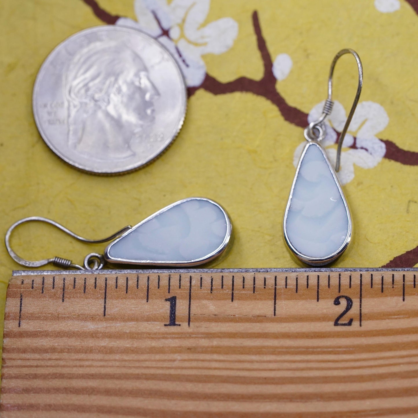 Vintage sterling 925 silver handmade earrings, w/ teardrop white agate dangles