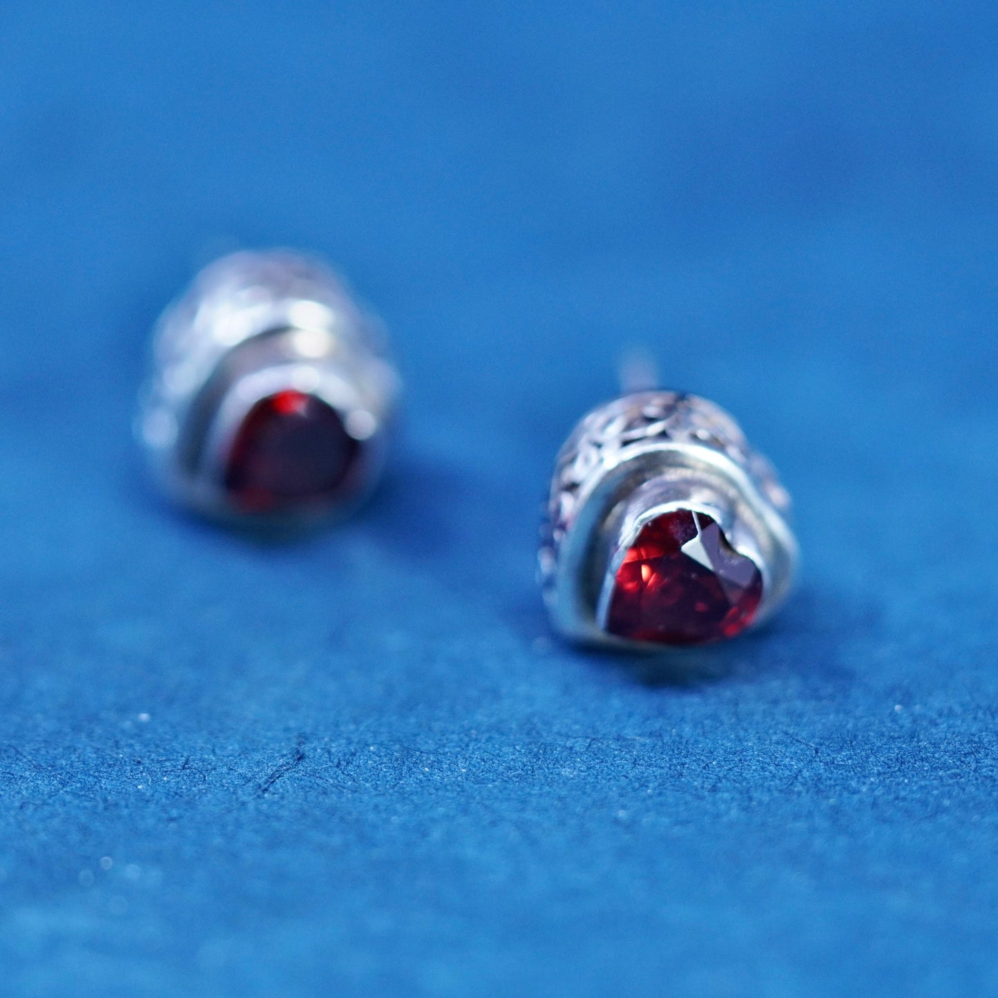 Vintage Sterling silver handmade earrings, 925 heart studs with ruby