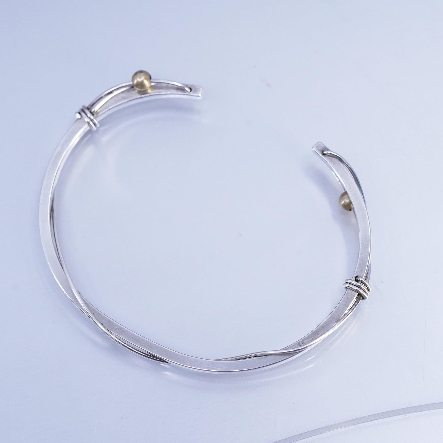 6.5”, Vintage two tone Sterling 925 silver bracelet, twisted cuff brass beads
